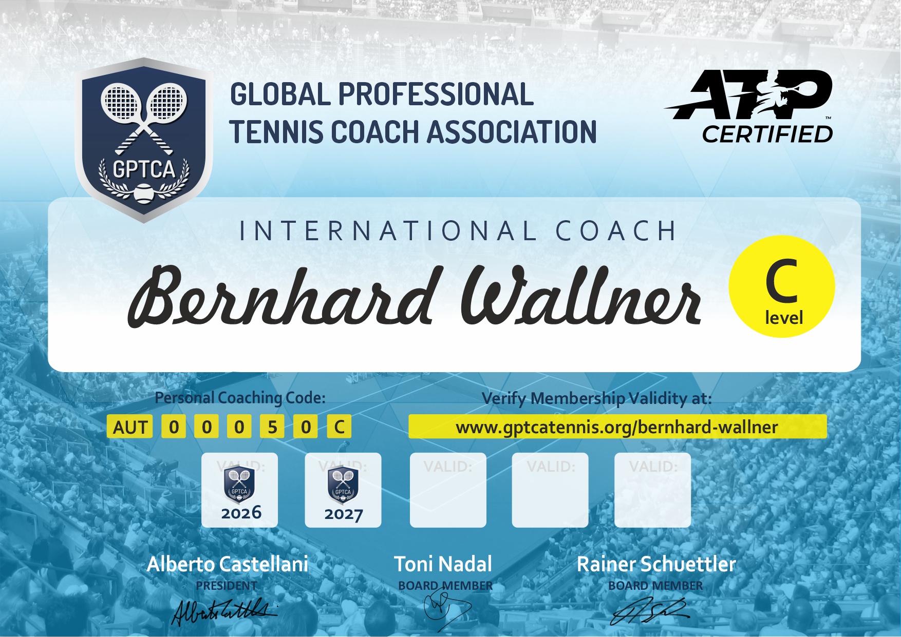 GPTCA ATP Certified Diploma Bernhard Wallner International Coach C Level